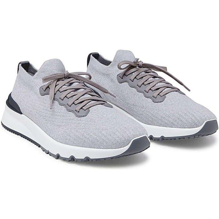 Brunello Cucinelli Silver Knit Logo-Tab Low-Top Sneakers