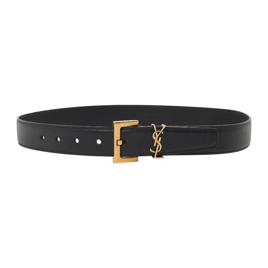 Saint Laurent Women’s Monogram Buckle Leather Belt Black