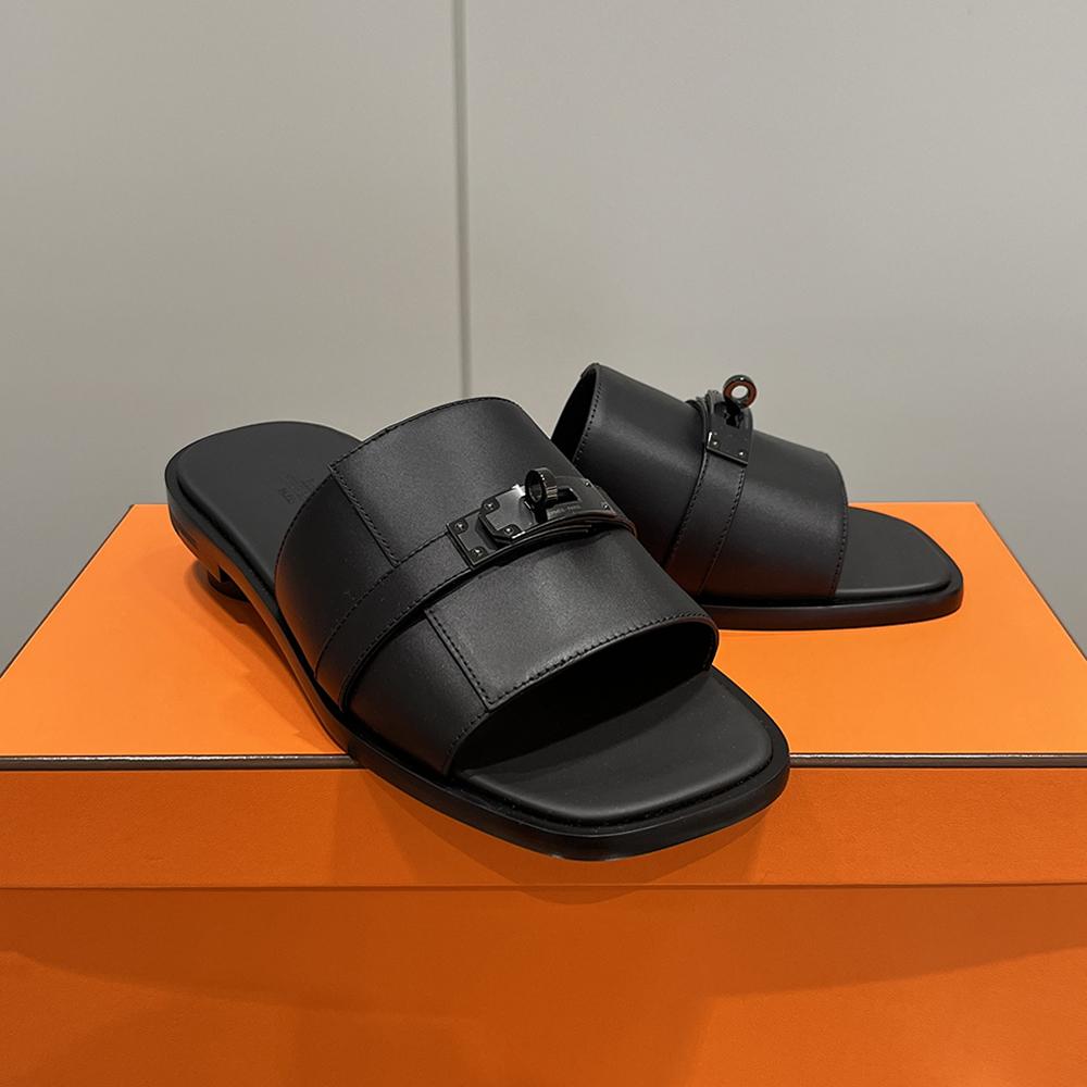HERMES Men’s Gabriel Sandals Calfskin Kelly Buckle Black