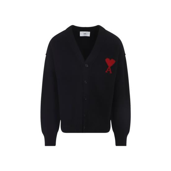 AMI Heart Logo Intarsia V-Neck Cardigan