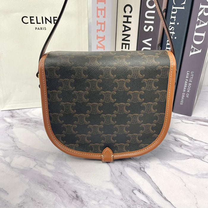 CELINE Triomphe Canvas Calfskin Tan Folco Crossbody Bag
