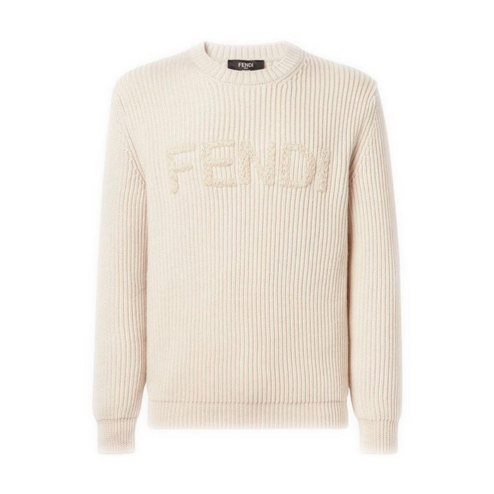 FENDI Fisherman Rib Wool Sweater Light Gray Men’s Round Neck