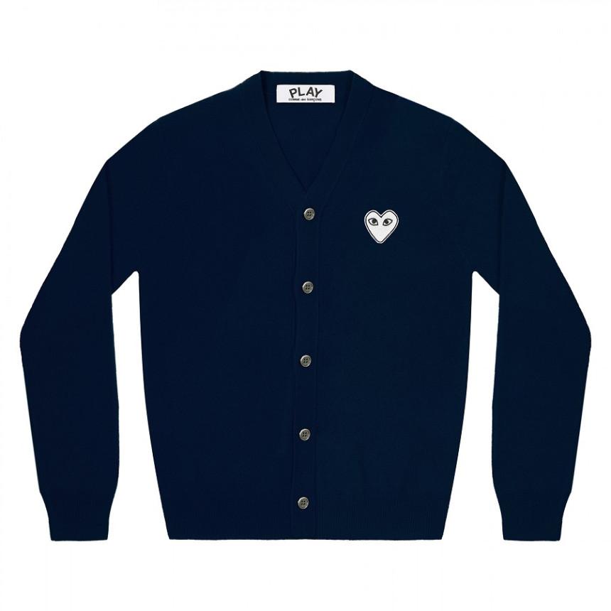 Comme des Garcons V-Neck Cardigan White Heart Patch Navy