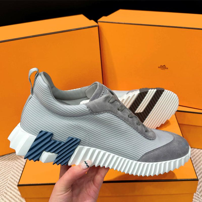 HERMES Men’s Bouncing Light Grey Mesh H Navy Black Two-Tone Low-Top Sneakers