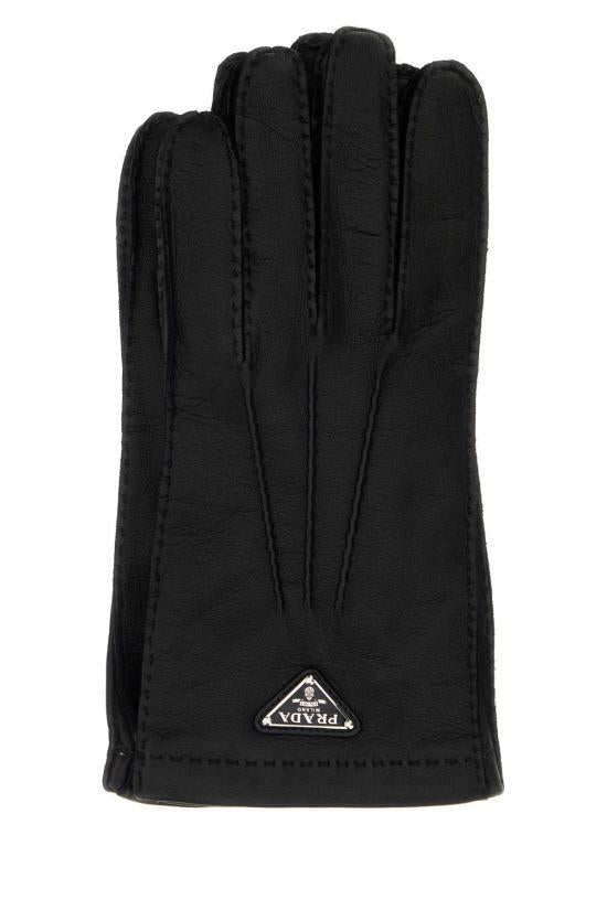 PRADA Nappa Leather Gloves with Enamel Triangle Logo Black