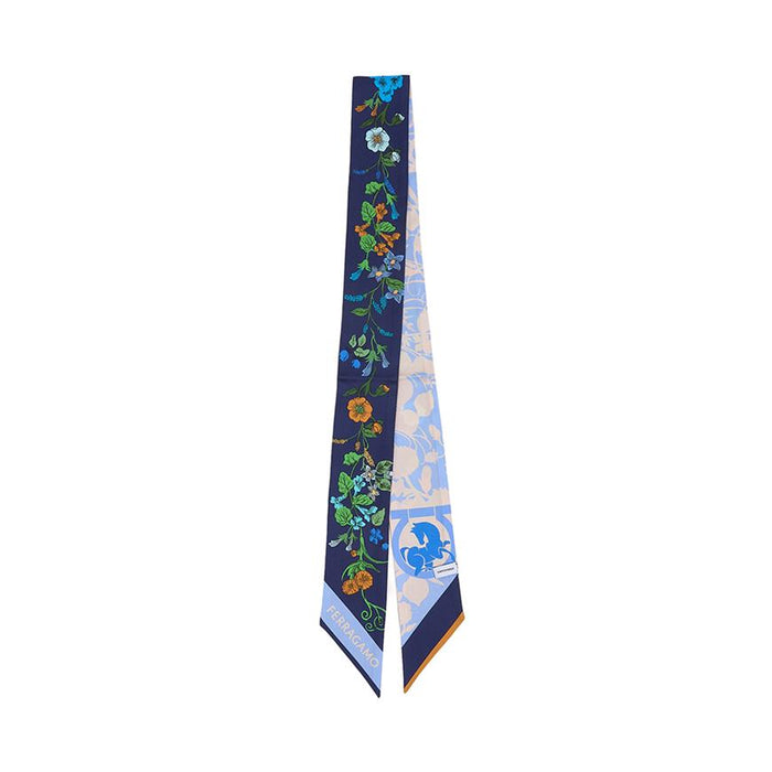 Ferragamo Navy Camel Pegasus Twilly Silk Scarf for Women