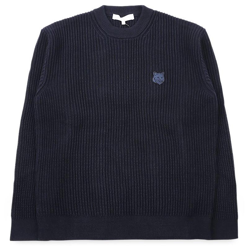 Maison Kitsune Fox Head Cotton Ribbed Crewneck Sweater Navy QM00806 KT1189 0413