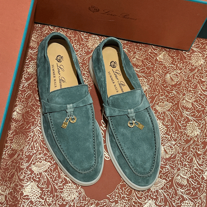 Loro Piana Teal Suede Summer Charms Walk Loafers Gold Hardware