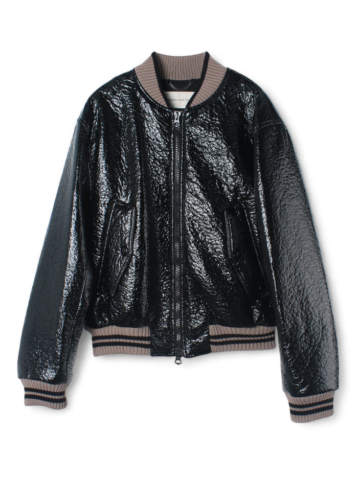 Dries Van Noten Men's Crinkle Black Bomber Jacket 232 020529 7205 900
