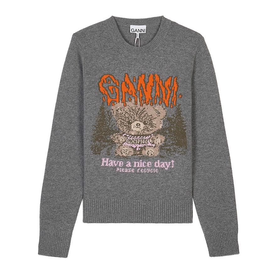 GANNI Women’s Teddy Graphic Crewneck Knit Sweater Black