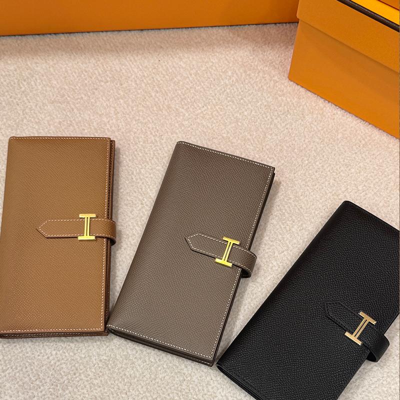 HERMES Etoupe Epsom Calfskin Béarn Long Wallet Gold Hardware