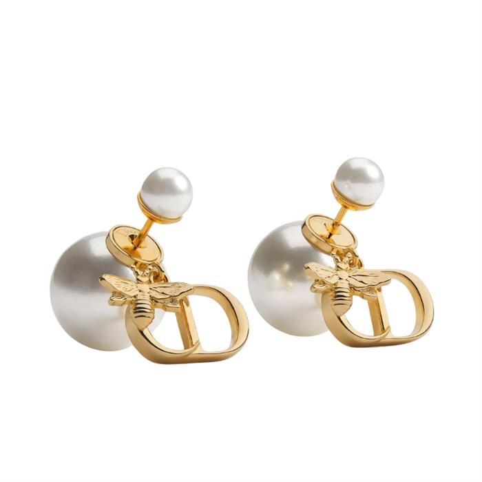 DIOR Tribal Pearl Earrings Gold-Tone Metal Studs