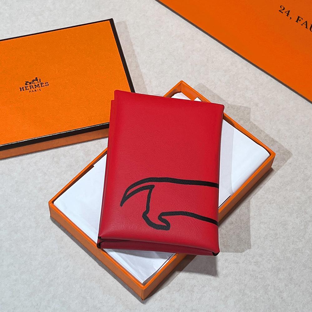 HERMES Red Swift Leather Calvi Duo Compact Card Holder Palladium Hardware