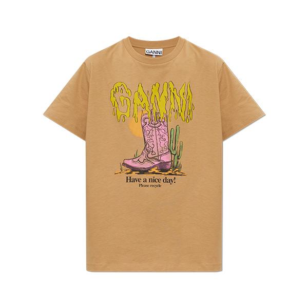 GANNI Basic Cotton Jersey Pink Western Boots Short Sleeve T-Shirt
