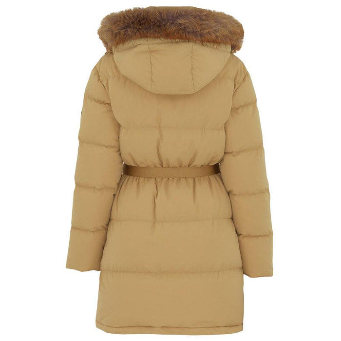 BURBERRY Logo Patch Belted Faux Fur Puffer Jacket Sand 8097992