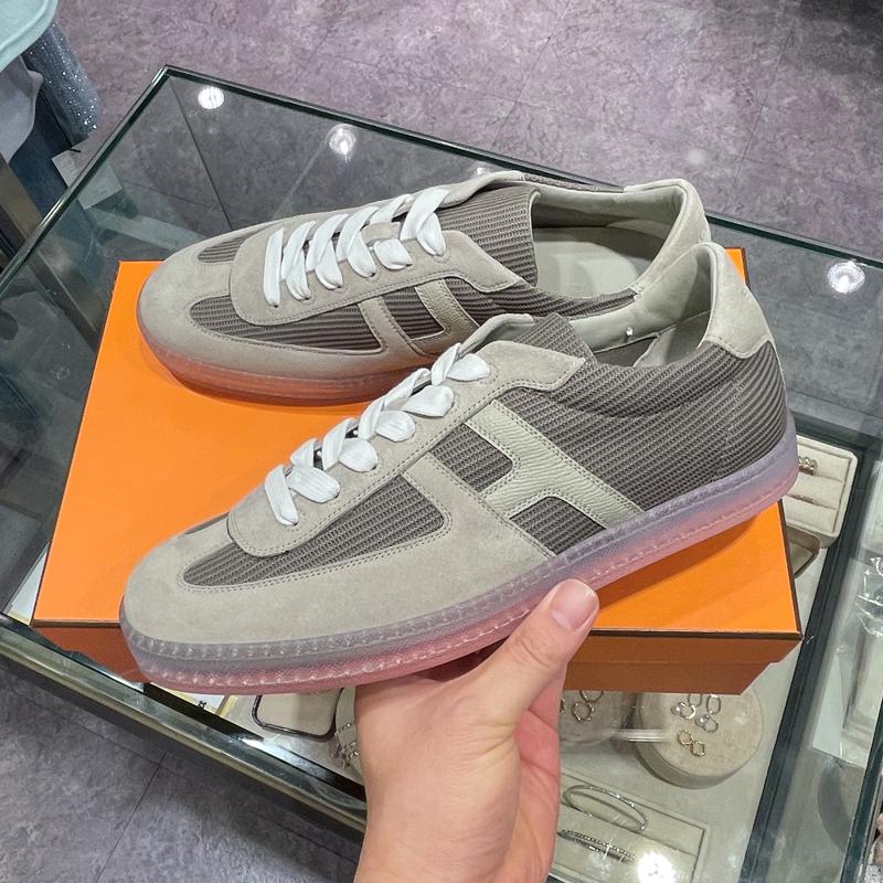 HERMES Boomerang Mesh Calfskin Sneakers Khaki with Red Accents