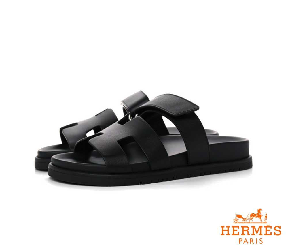 HERMES Chypre Sandals Calfskin Noir Black Women’s Sandals