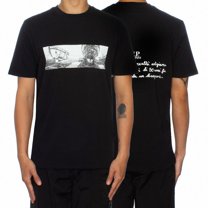 CP Company Black Jersey Back Letter T-Shirt Men's