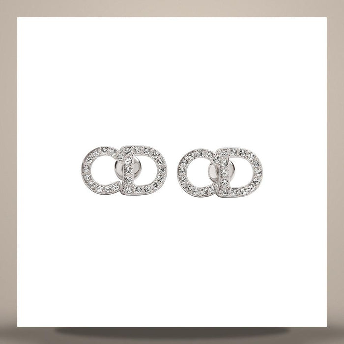 DIOR CD Signature Crystal Stud Earrings Silver-Finish Metal