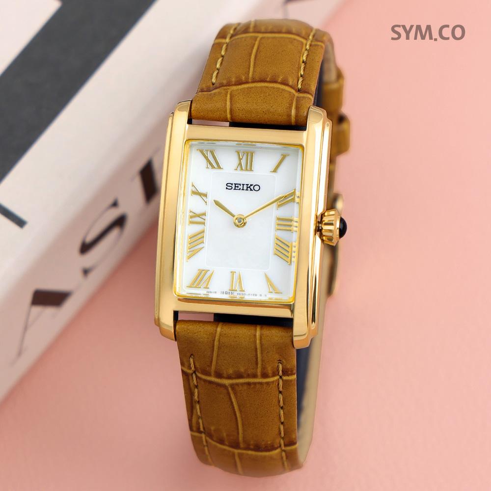 Seiko Gold Brown Modern Classic Analog Square Dial Women’s Leather Wat SWR100 P1