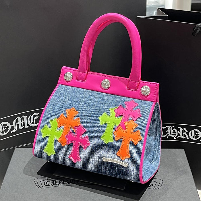 Chrome Hearts Denim Drew Mini Tote Handbag with Multicolor Cross Patches