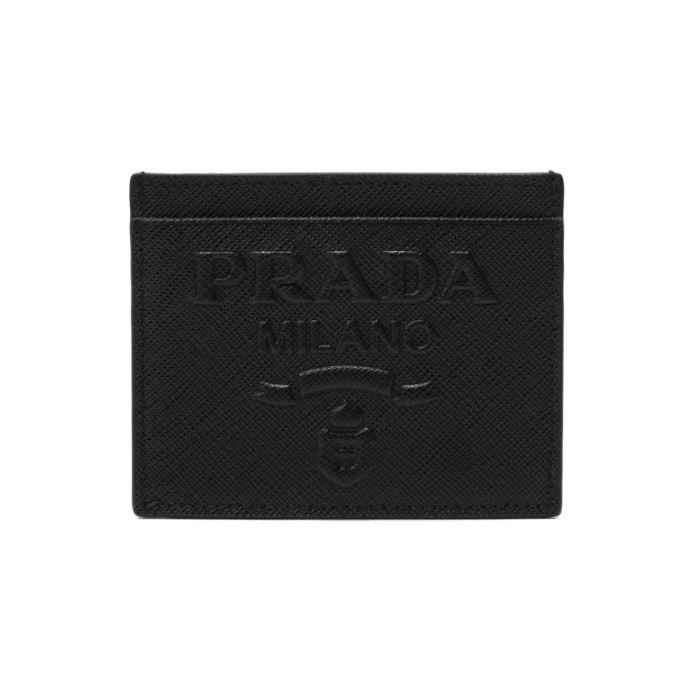 PRADA Vitello Saffiano Logo Leather Card Holder Black
