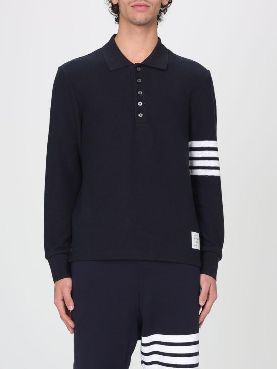 THOM BROWNE Textured Pique 4-Bar Long Sleeve Polo Shi MJP234A J0248 415 NAVY DOM