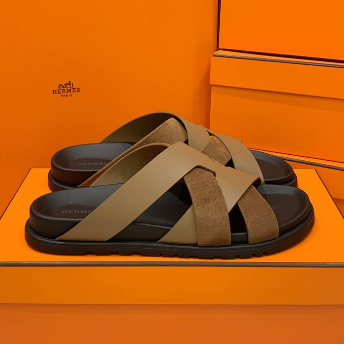 HERMES Men’s Suede Calfskin Casimir Sandals Brown