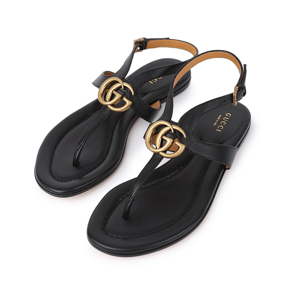 GUCCI Double G T-Strap Sandals Women’s Black Leather Sandals