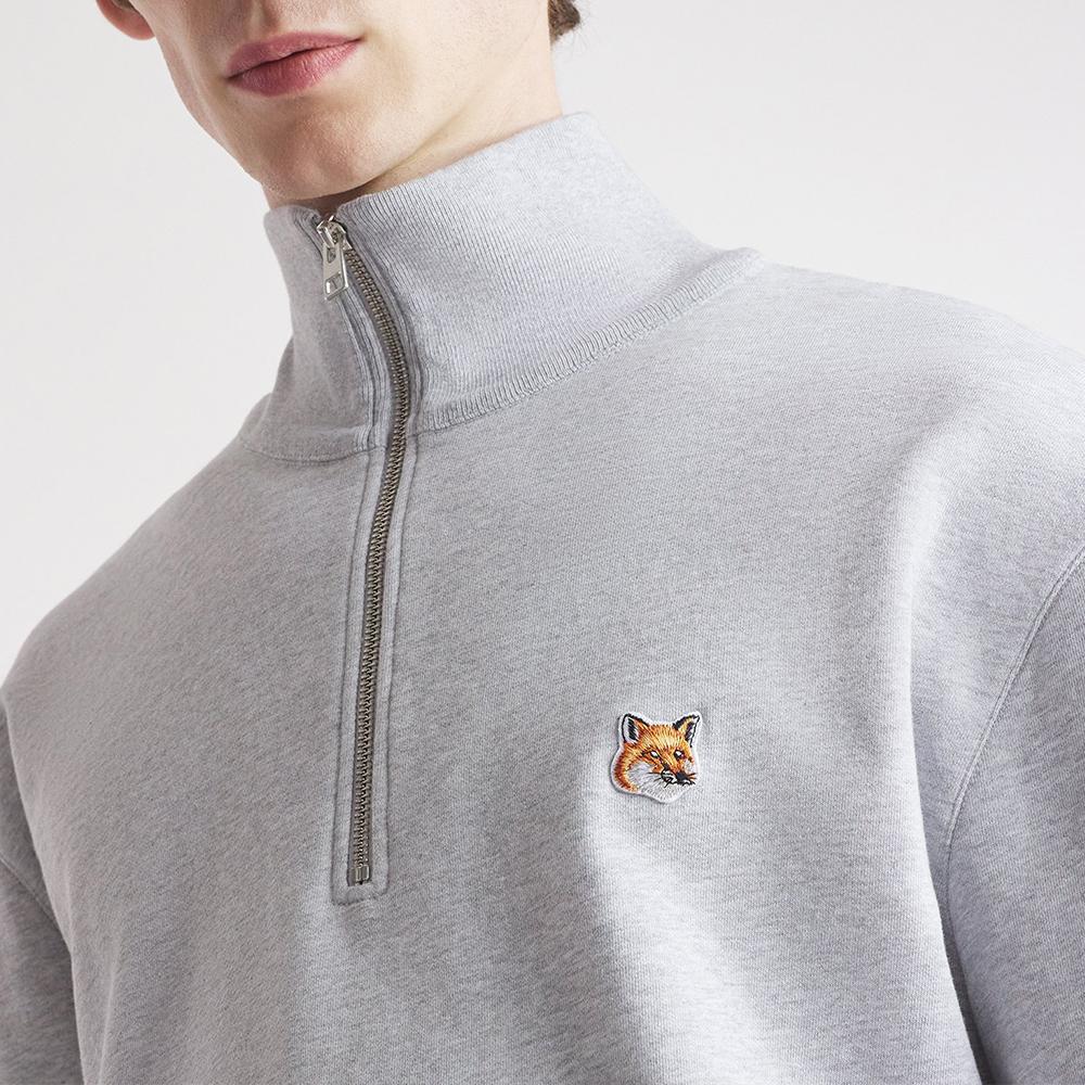 Maison Kitsune Light Gray Melange Fox Head Patch Half Zip Swe MM00314KM0001 H120