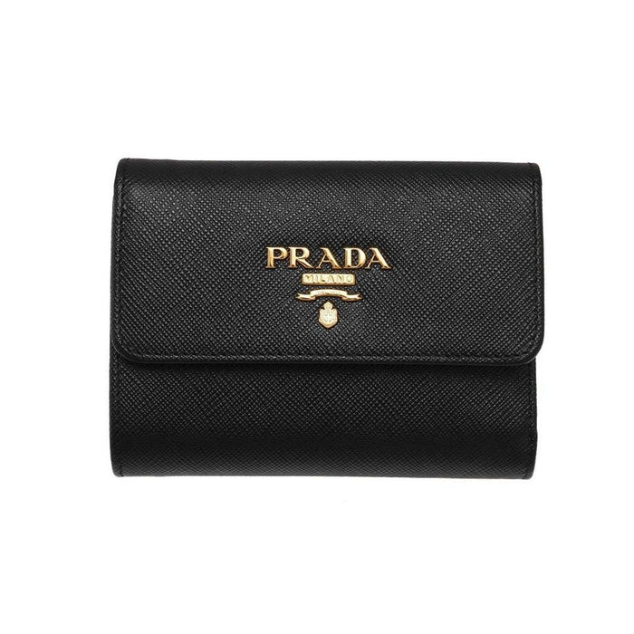 PRADA Saffiano Leather Black Coin Bifold Wallet Gold Logo