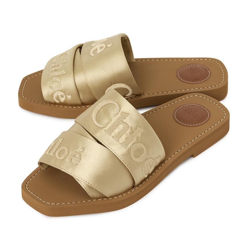 Chloe Woody Slide Sandals Beige Canvas Slippers CH26S 188VH