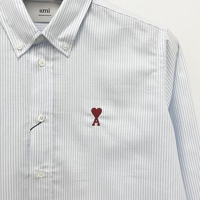 AMI Heart Logo Button-Down Stripe Long Sleeve Shirt
