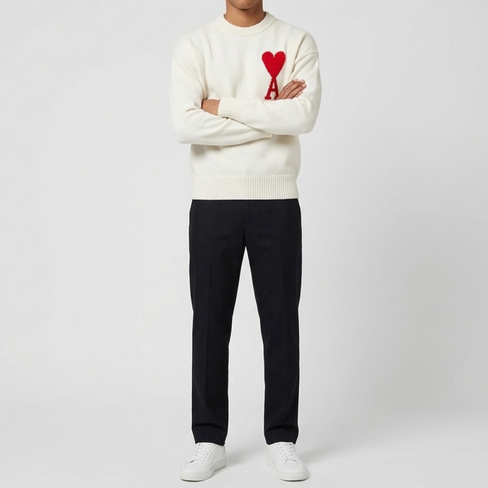 AMI Big Heart Logo Oversized Intarsia Sweater Off-White BFUKS002 018