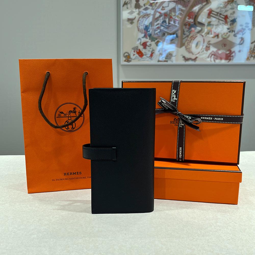 HERMES So Black Epsom Leather Bearn Long Wallet Unisex