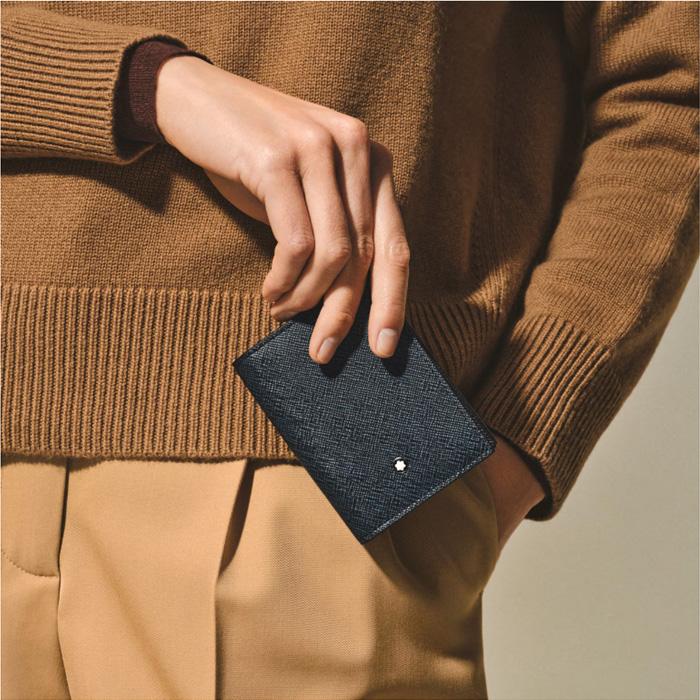 Montblanc Sartorial Business Card Holder Tweed Blue Leather Wallet