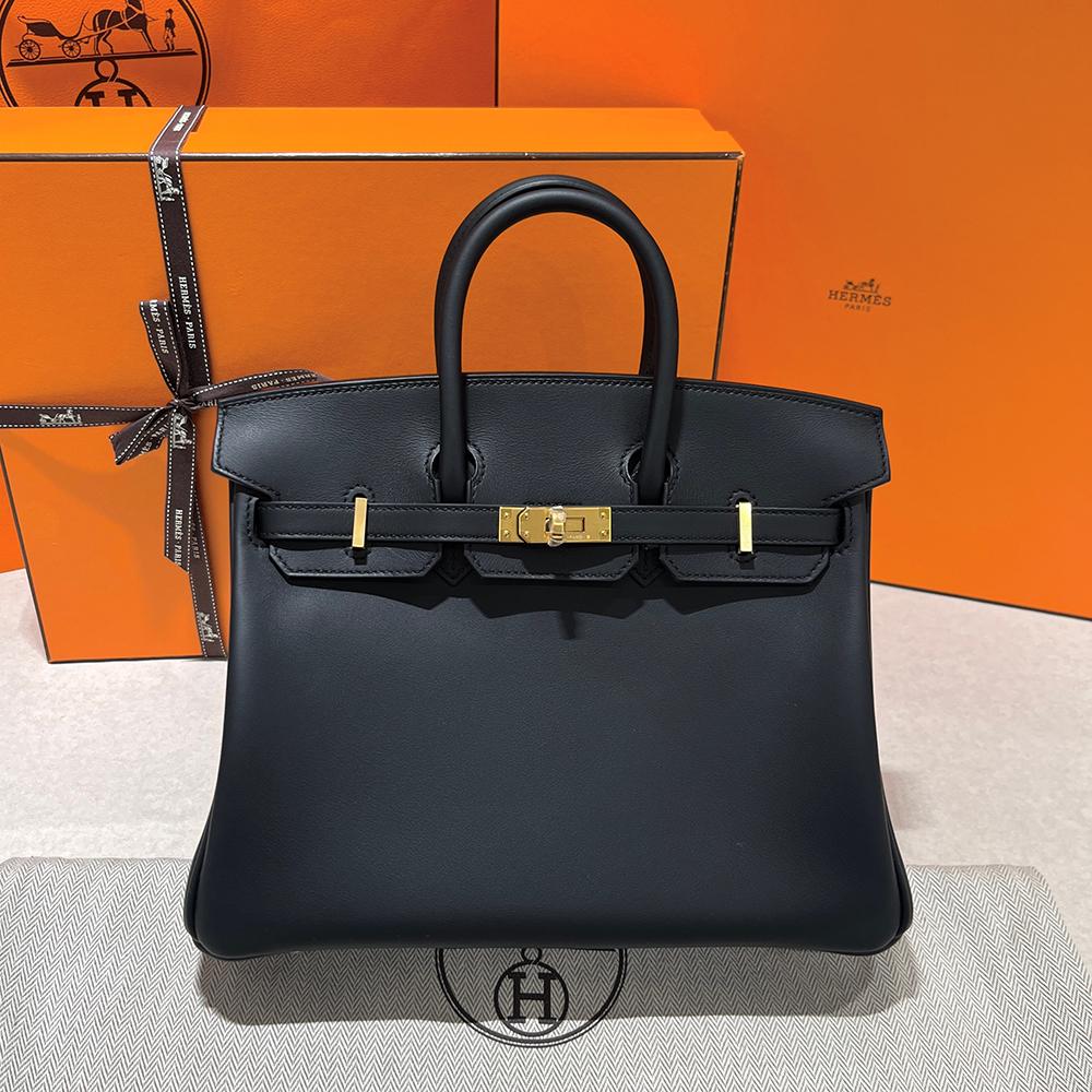 HERMES Swift Leather Birkin Tote Bag Black Gold Hardware 25cm