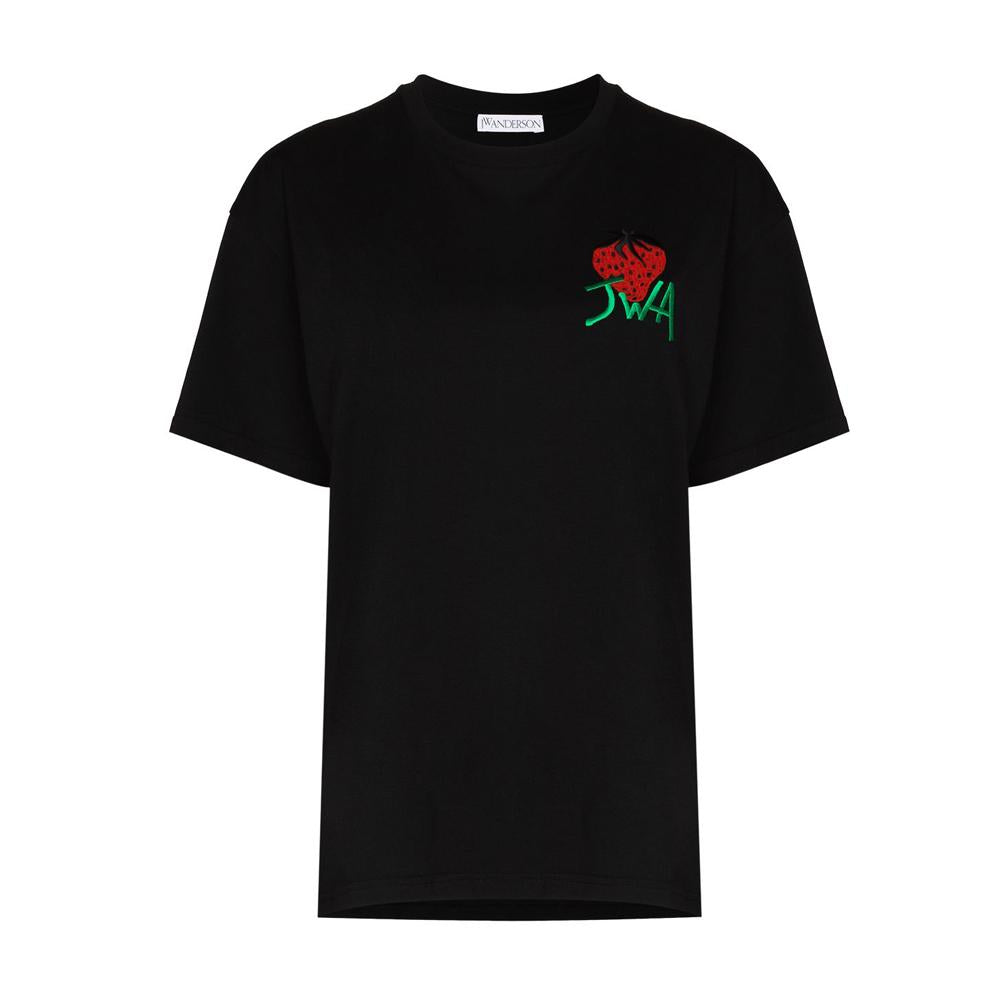 JW ANDERSON Strawberry Embroidered Black Cotton T-Shirt