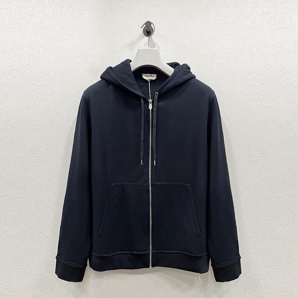 HERMES Ex Libris Silk Detail Zip-Up Hoodie Marine Navy Men’s