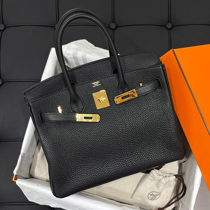 HERMES Black Leather Birkin 30 Tote Bag with Gold Hardware
