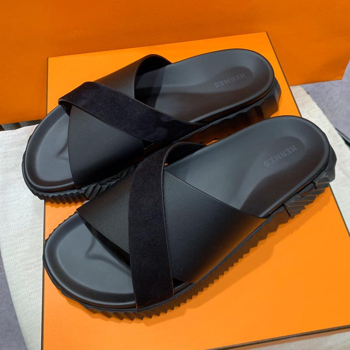 HERMES Men’s Infra Sandals Calfskin Suede Black Slides