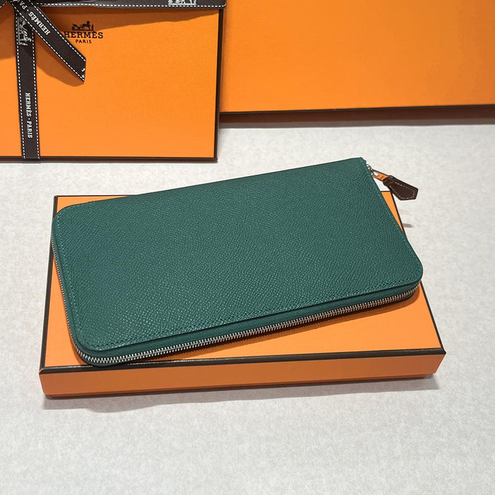 HERMES Green Epsom Calfskin Silk Detail Zip Long Wallet