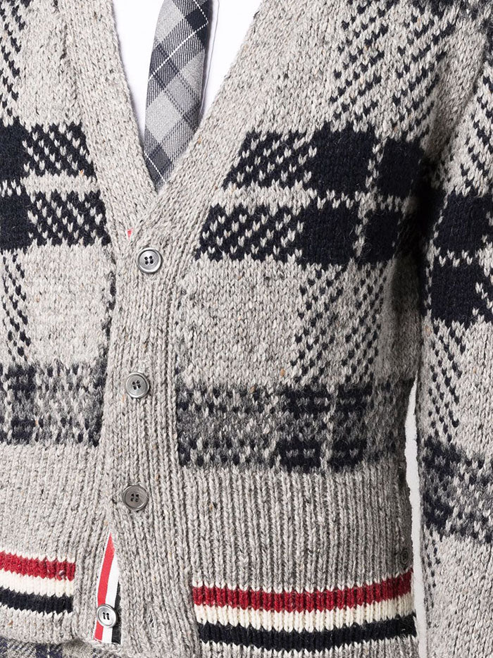 THOM BROWNE Men's Tartan Check Mohair Tricolor Stripe Cardigan MKC431A