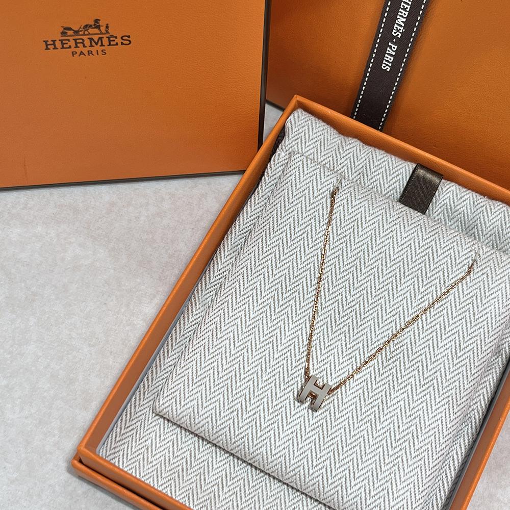 HERMES Mini Pop H Necklace Beige Rose Gold Pendant Necklace