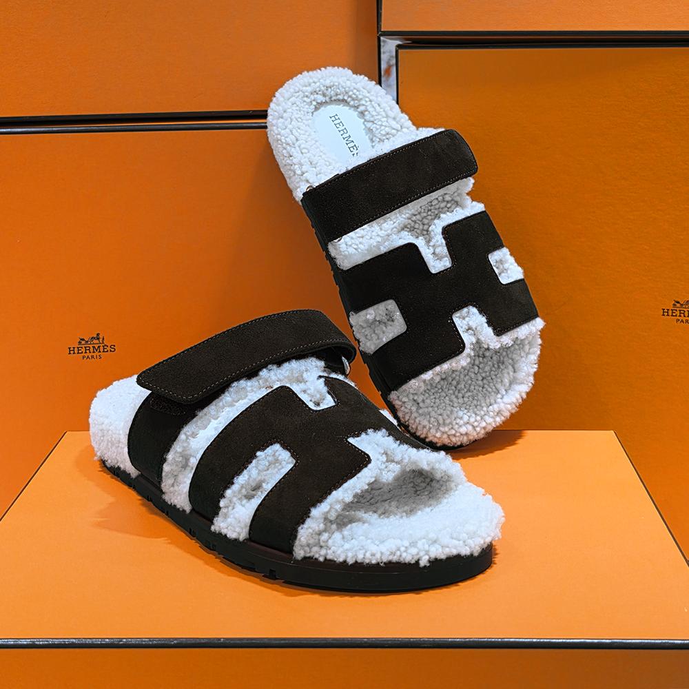 HERMES Shearling Chypre Sandals Woolskin Marron Ebene Slippers