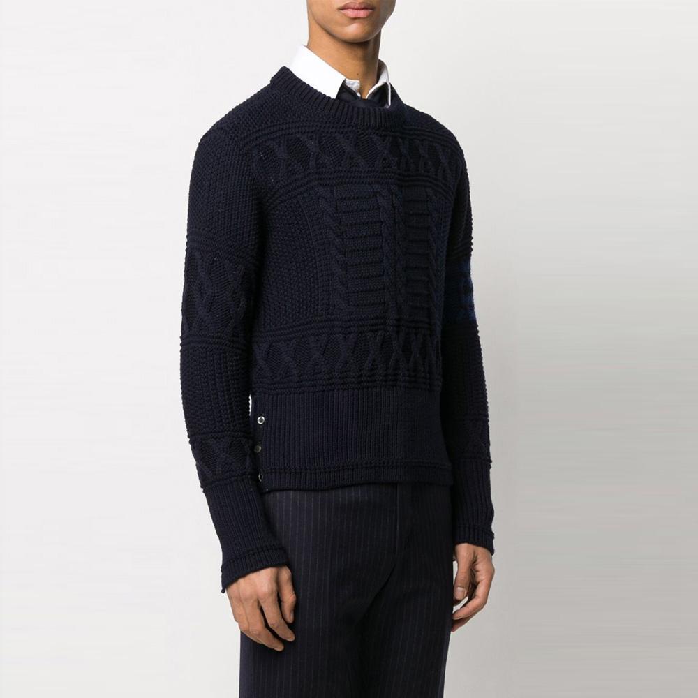 THOM BROWNE Navy Aran Cable Wool Round Neck Knit Sweater MKA304A 00014 415