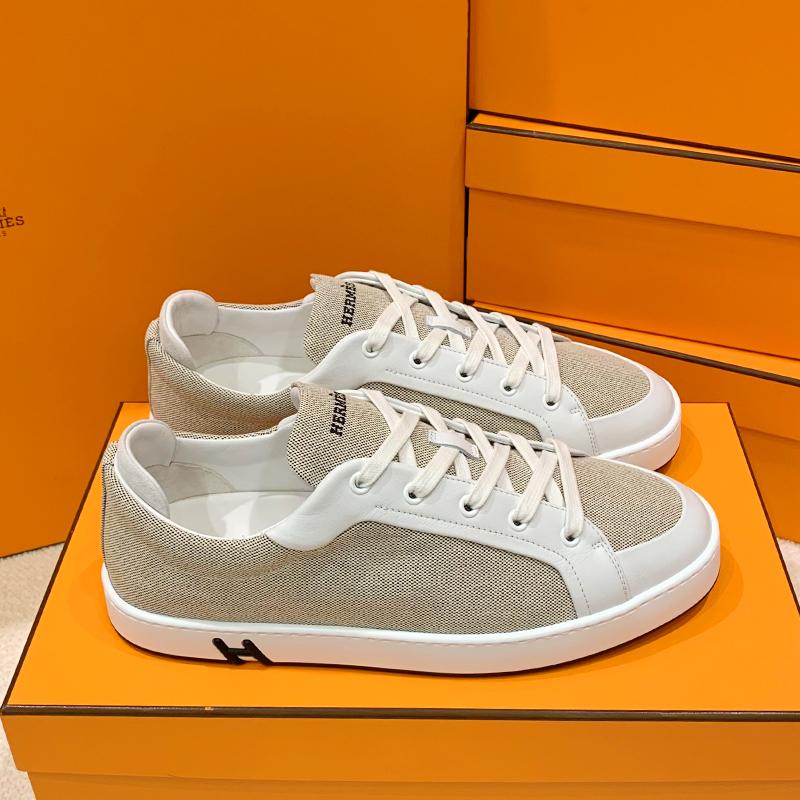 HERMES Brown Canvas Goatskin H Logo Kid Low Top Sneakers