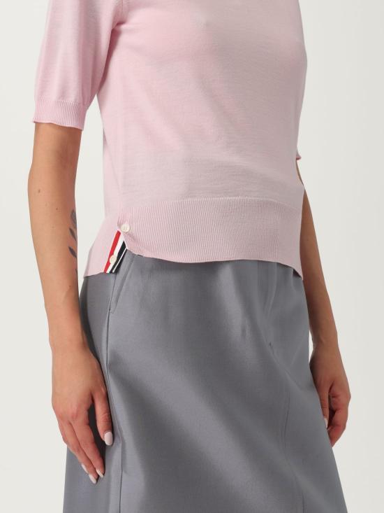 THOM BROWNE Fine Merino 4-Bar Relaxed Short Sleeve Turtleneck Knit Pink