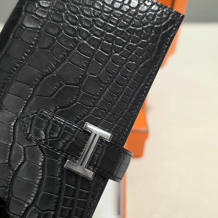 HERMES Black Matte Alligator Bearn Long Wallet Palladium Hardware