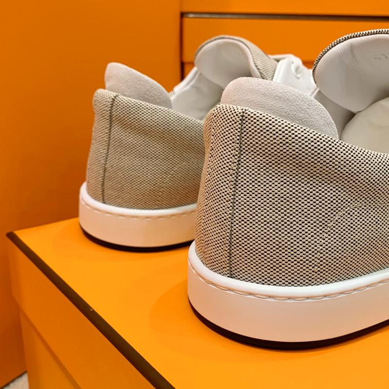 HERMES Brown Canvas Goatskin H Logo Kid Low Top Sneakers